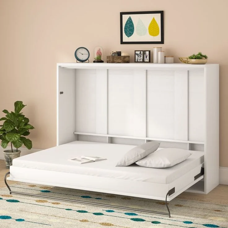 Cama abatible horizontal blanca con jalador metal y pata