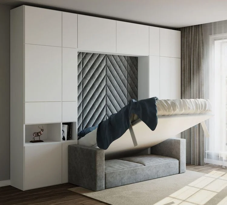Cama plegable vertical con sofa gris
